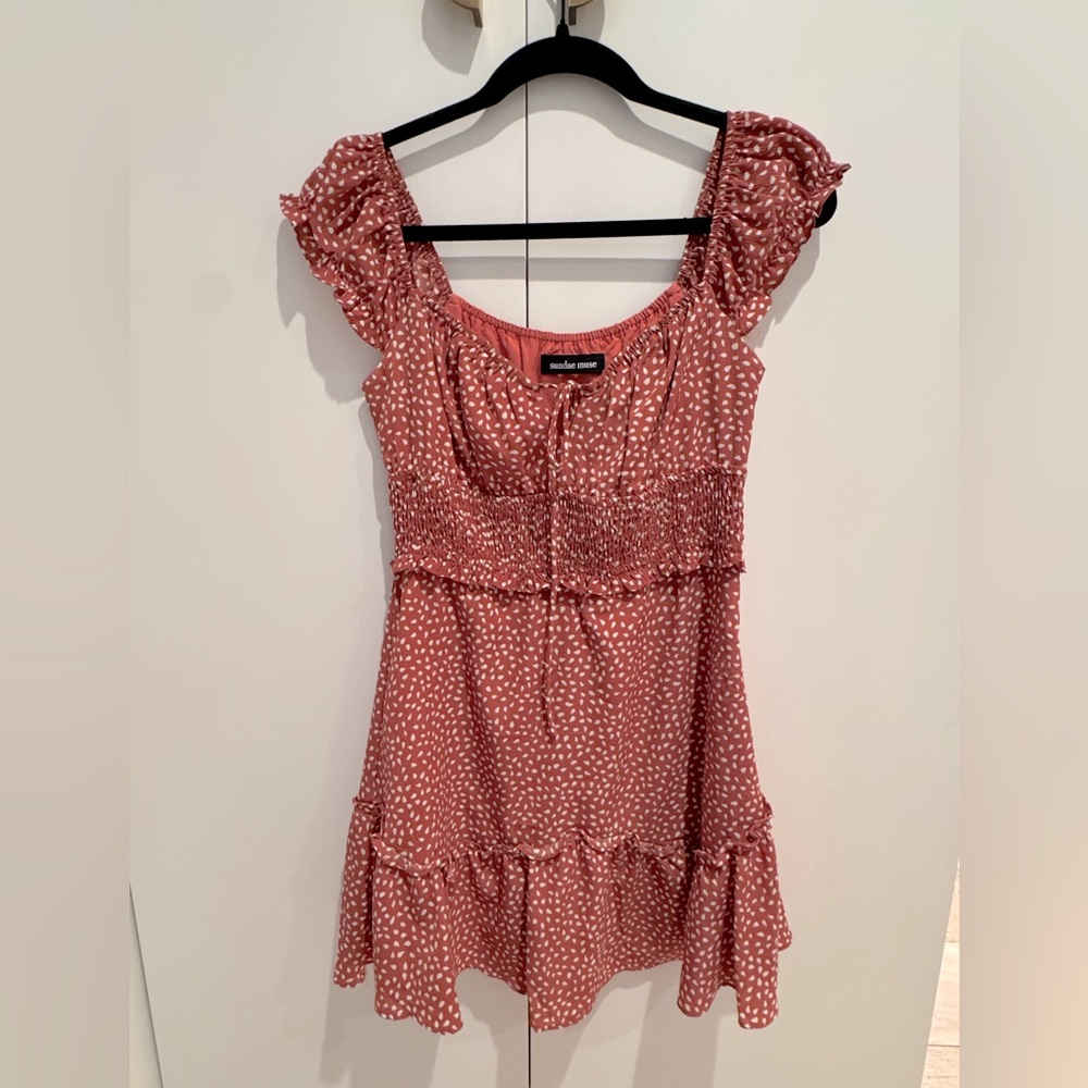 Sunday Muse- Coral/Rose Polka Dot flowy Mini Dress